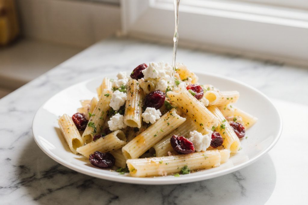 Feta and Cranberry Rigatoni Salad with Lemon Vinigrette