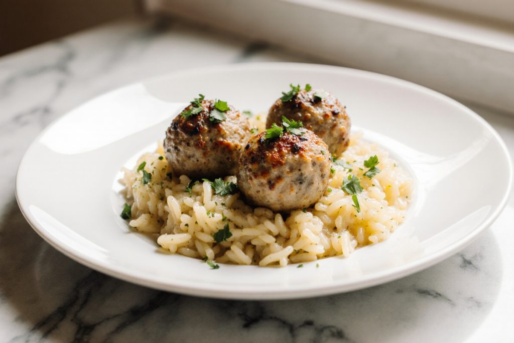 Greek Chicken Meatballs with Lemon Orzo