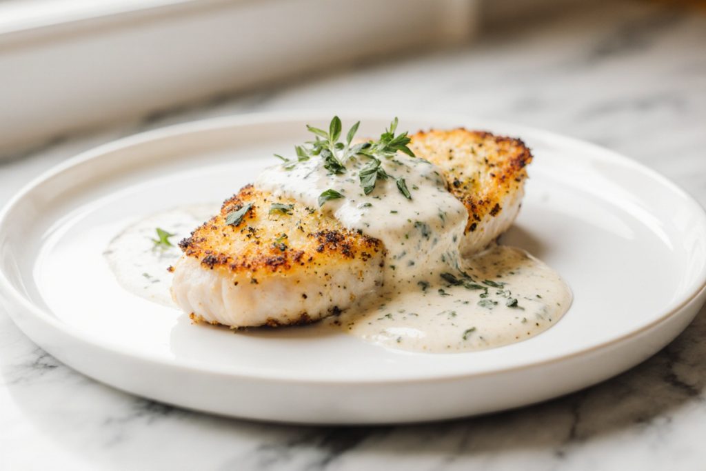 Parmesan Crusted Chicken with Creamy Garlic Sauce