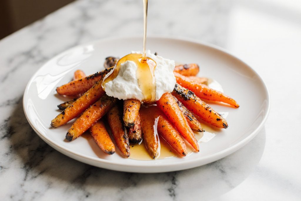 Roasted Carrots with whipped Ricotta and hot honey