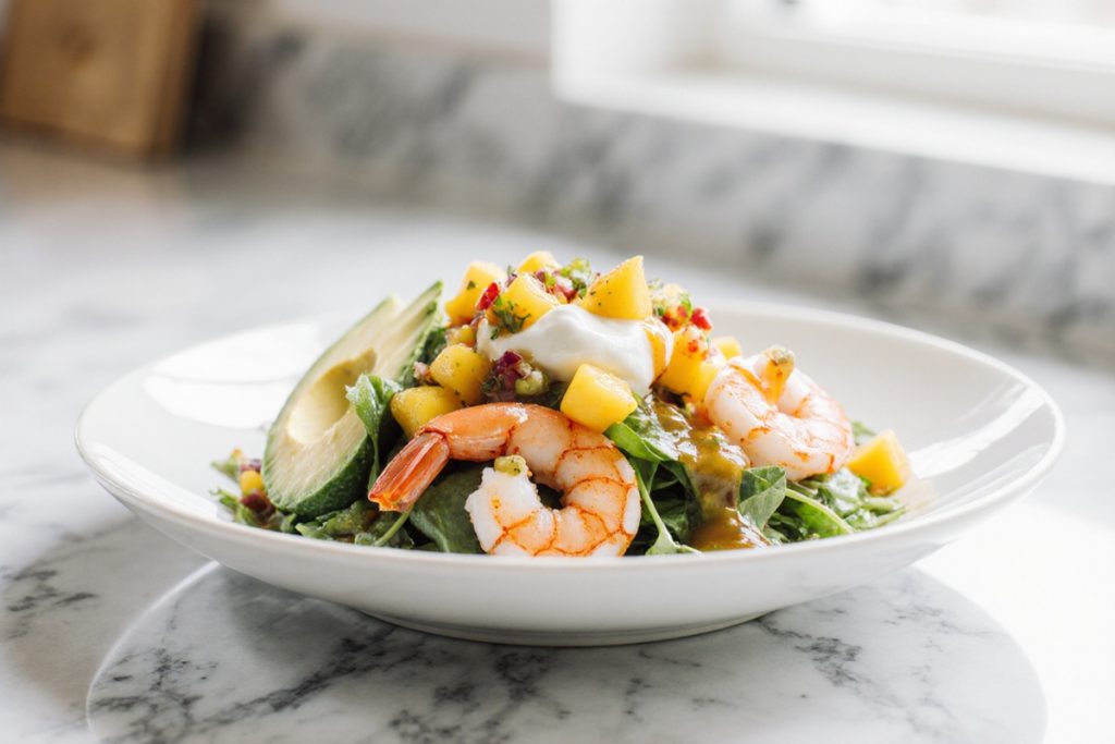 Shrimp and Avocado Bowls with Mango Salsa and Lime-Chili Sauce