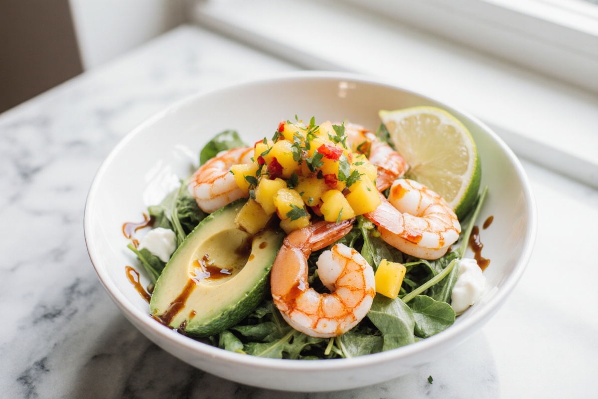 Shrimp and Avocado Bowls with Mango Salsa and Lime-Chili Sauce