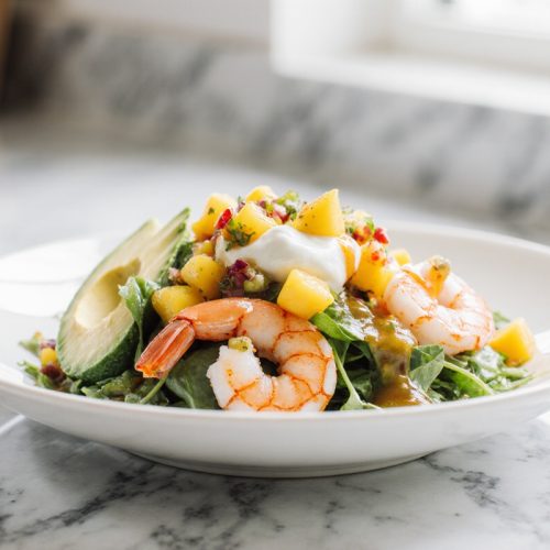 Shrimp and Avocado Bowls with Mango Salsa and Lime-Chili Sauce