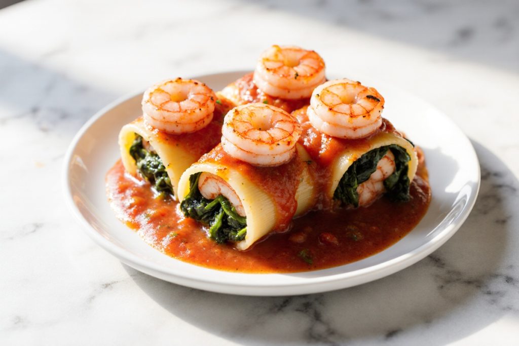 Shrimp and Spinach Stuffed Pasta Rolls