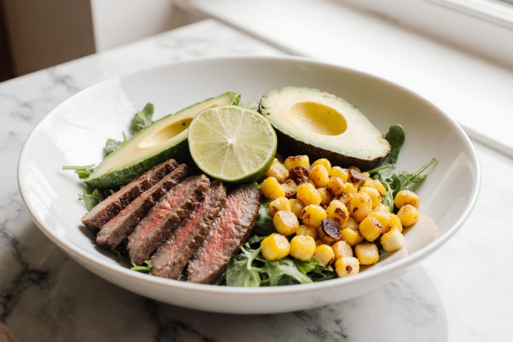 Steak Avocado and Roasted Corn Bowl