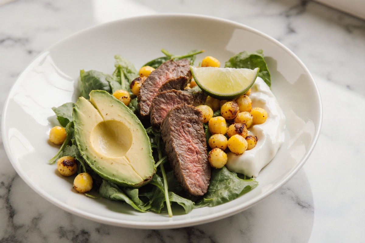 Steak Avocado and Roasted Corn Bowl