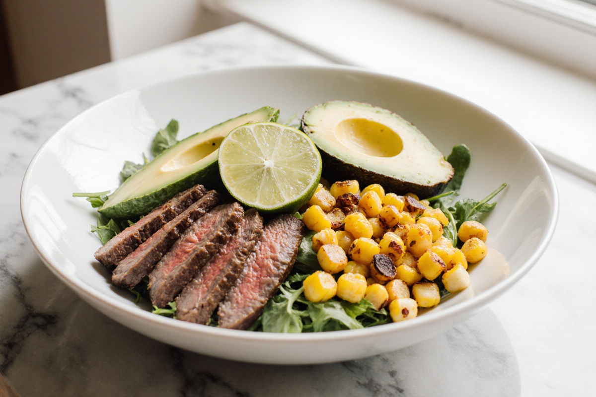 Steak Avocado and Roasted Corn Bowl
