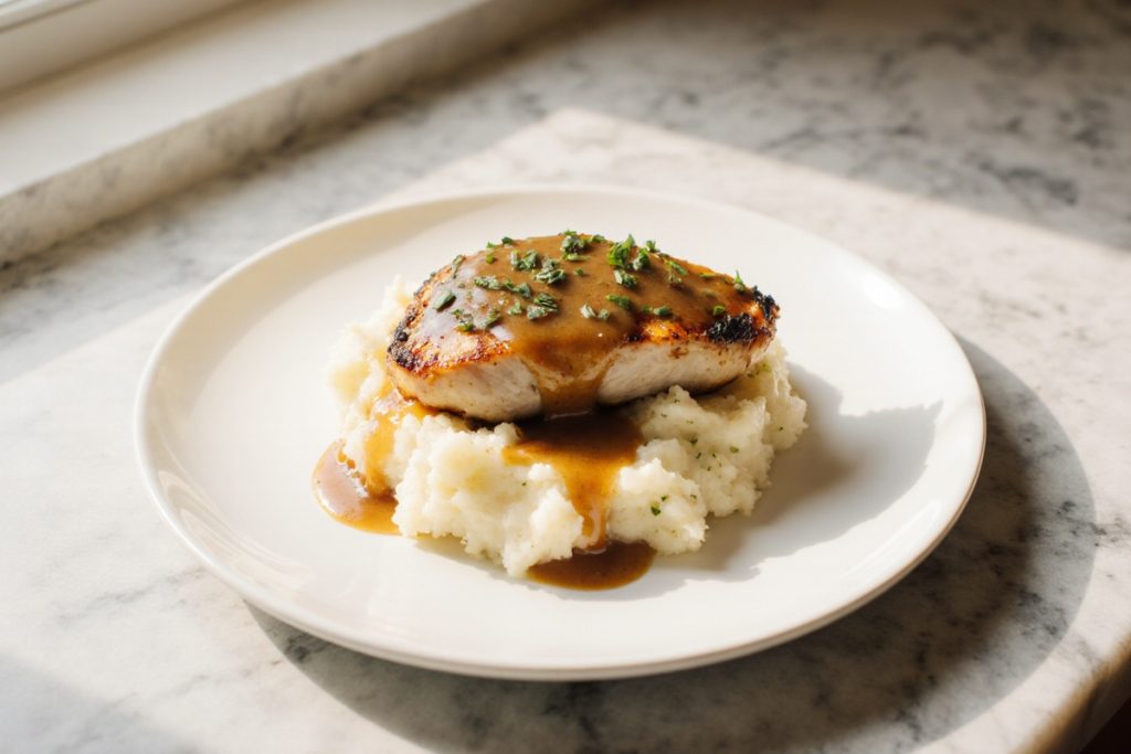 Chicken and Garlic Gravy with Cheesy Mashed Potatoes