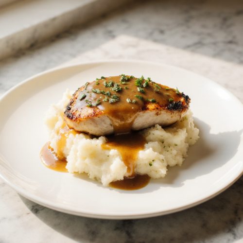 Chicken and Garlic Gravy with Cheesy Mashed Potatoes