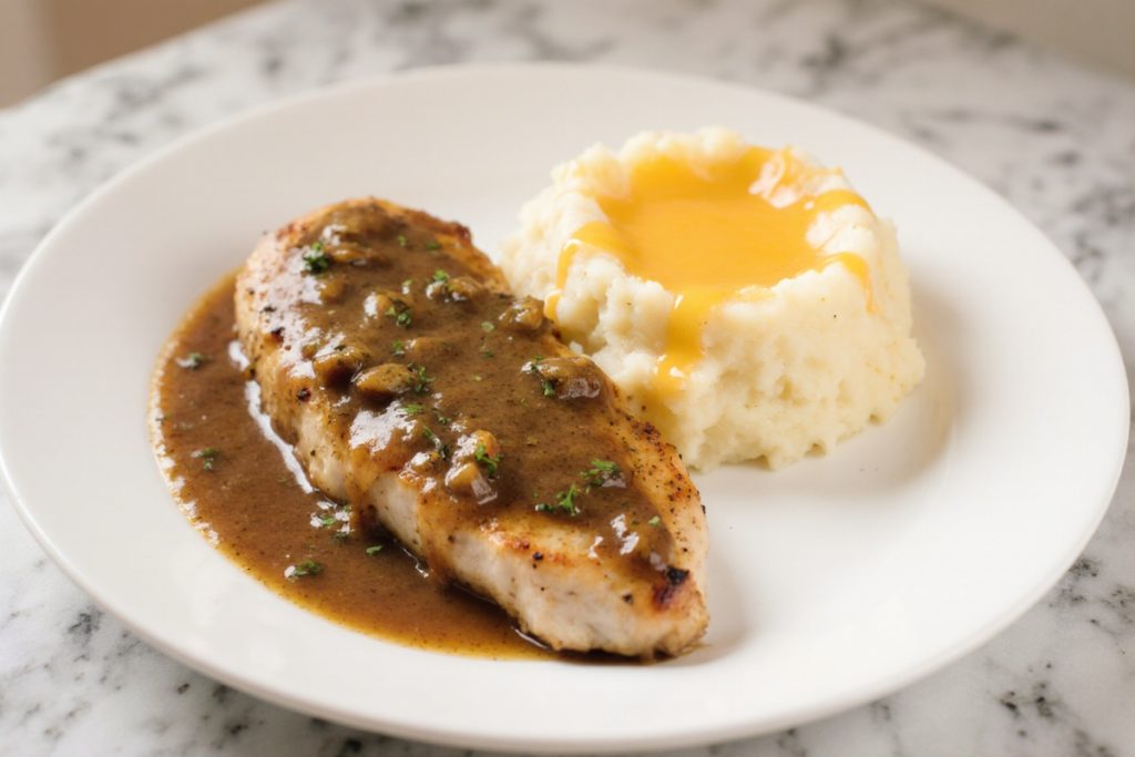 Chicken and Garlic Gravy with Cheesy Mashed Potatoes