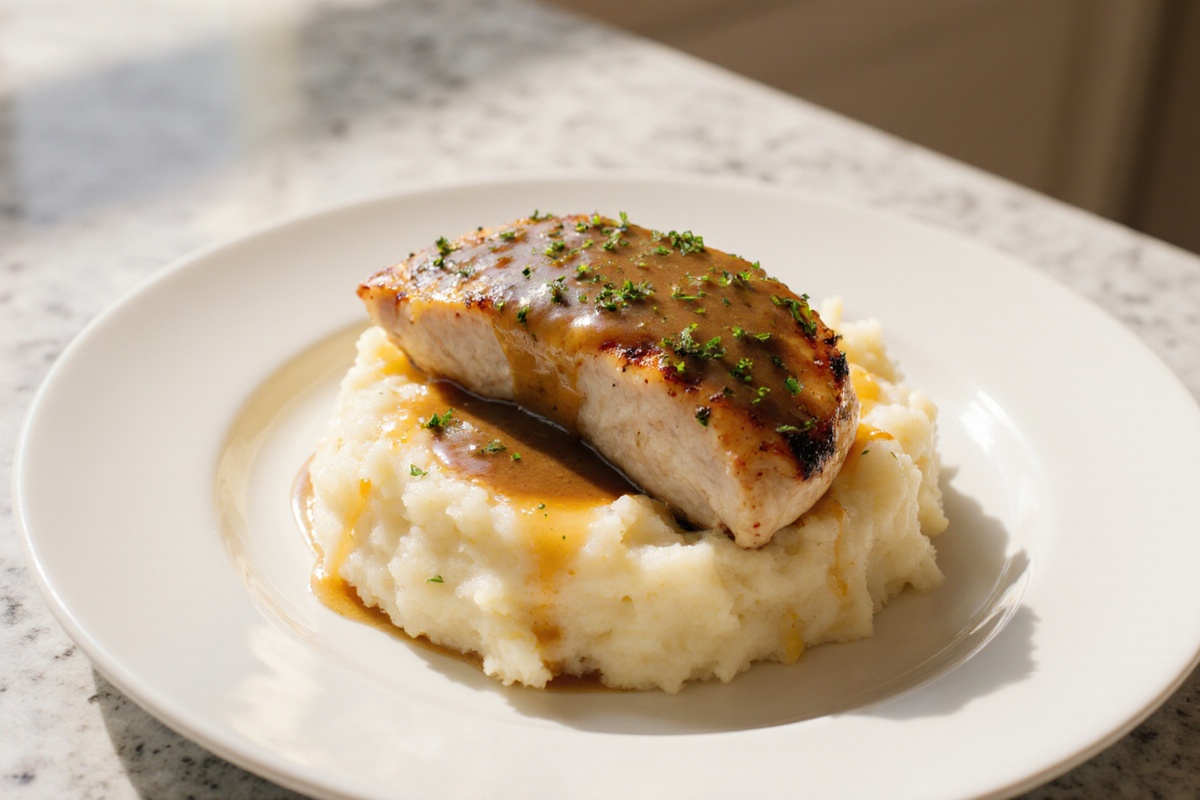 Chicken and Garlic Gravy with Cheesy Mashed Potatoes