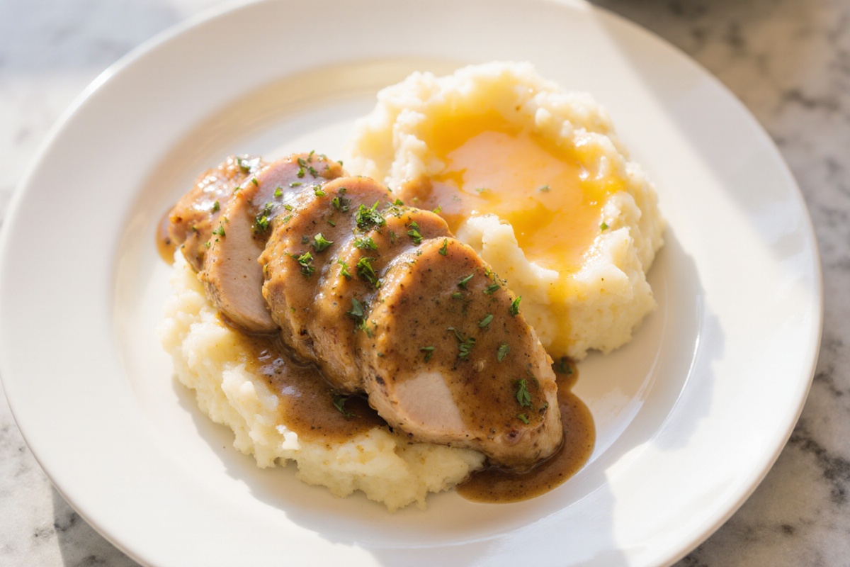 Chicken and Garlic Gravy with Cheesy Mashed Potatoes