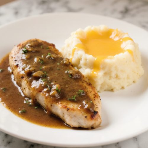 Chicken and Garlic Gravy with Cheesy Mashed Potatoes