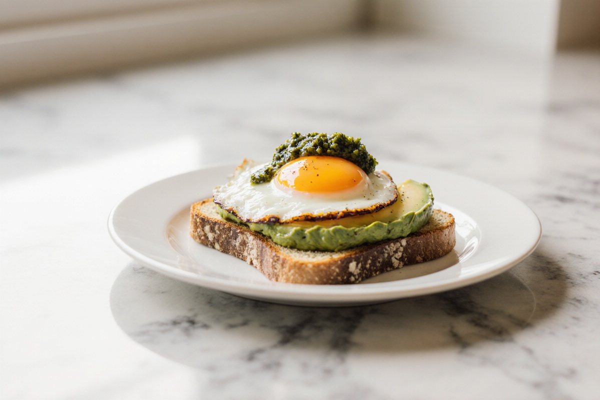 Jammy Egg Avocado and Pesto Breakfast Toast