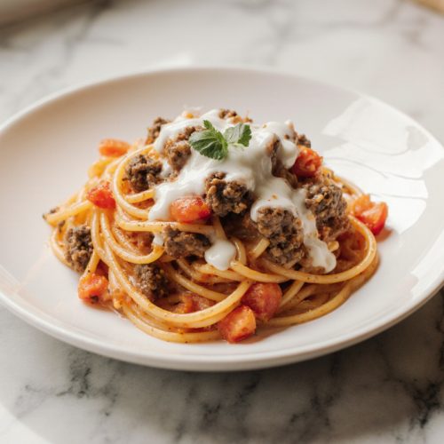 One pot creamy tomato beef pasta
