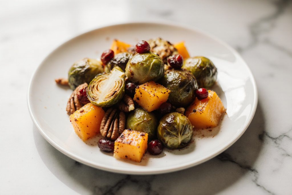 Roasted Brussels Sprouts and Cinnamon Butternut Squash with Pecans and Cranberries