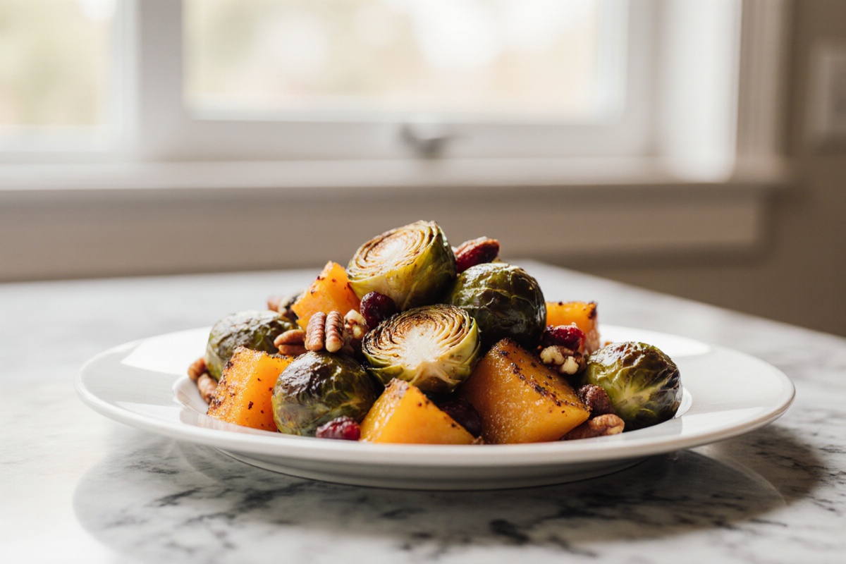Roasted Brussels Sprouts and Cinnamon Butternut Squash with Pecans and Cranberries