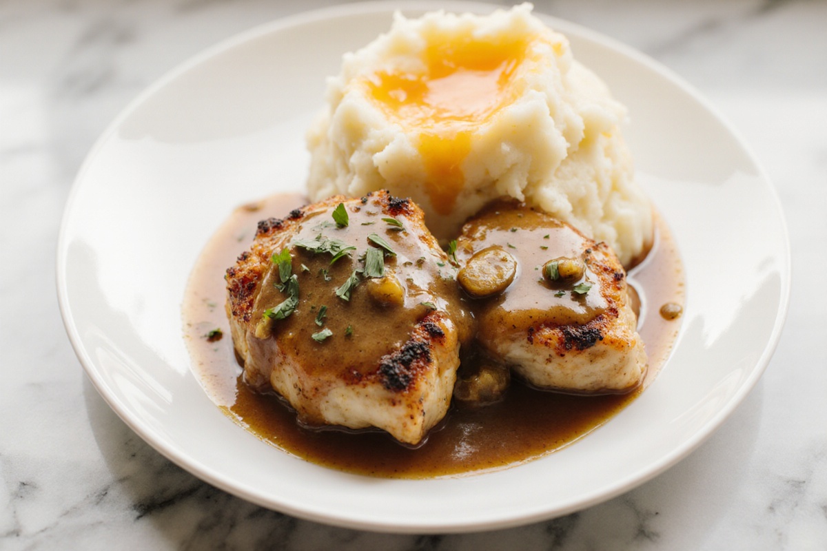 Chicken and Garlic Gravy with Cheesy Mashed Potatoes