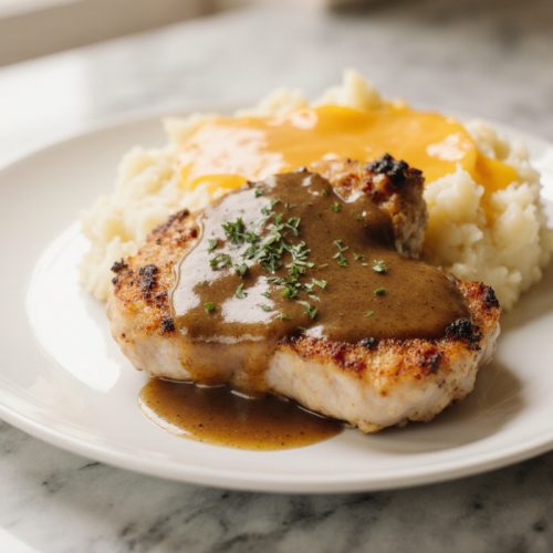 Chicken and Garlic Gravy with Cheesy Mashed Potatoes