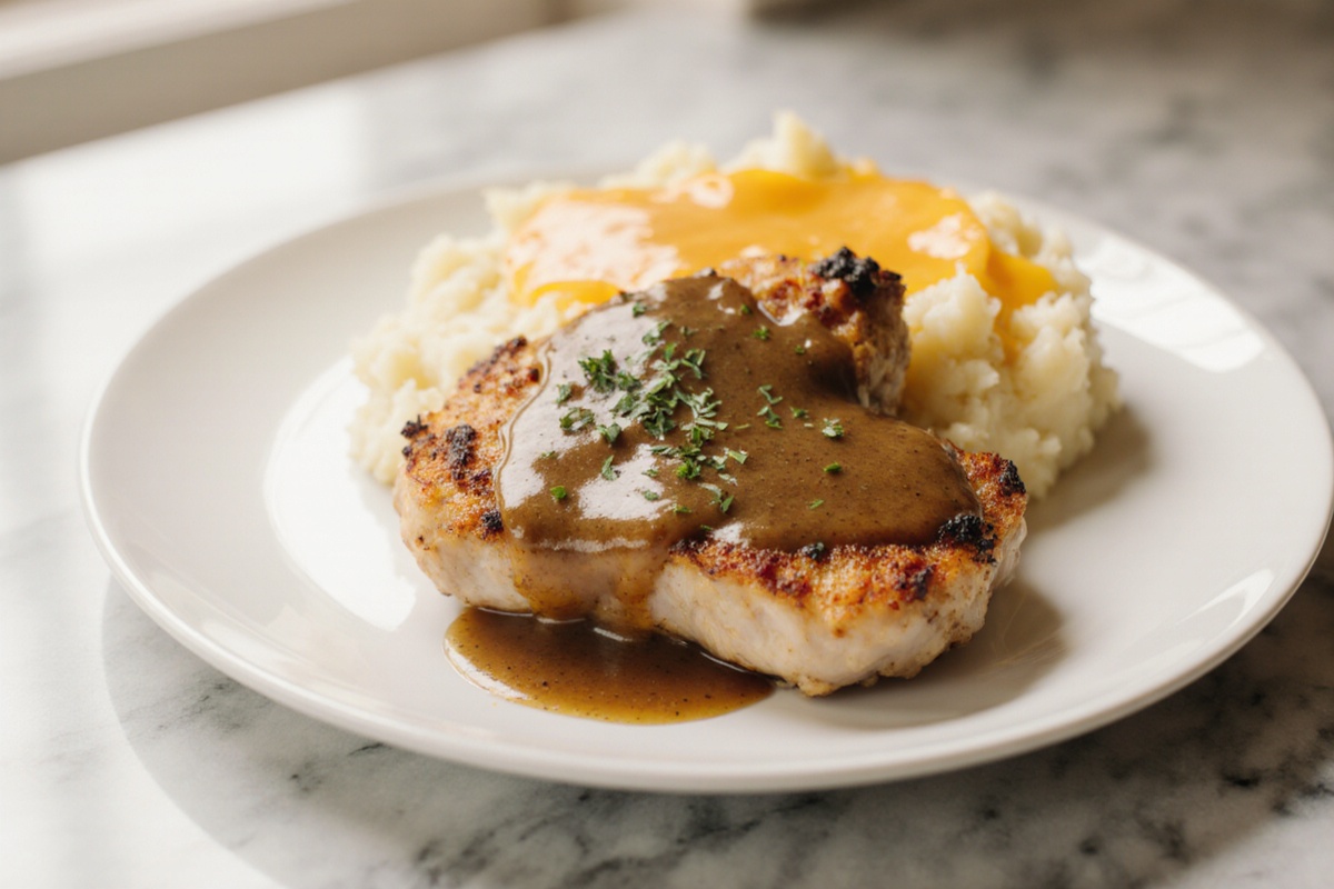 Chicken and Garlic Gravy with Cheesy Mashed Potatoes