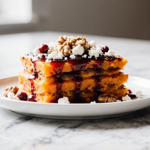 Layered Sweet Potato, Butternut Squash, Carrot Lasagna with Feta, Walnuts and Caranberry Honey Glaze