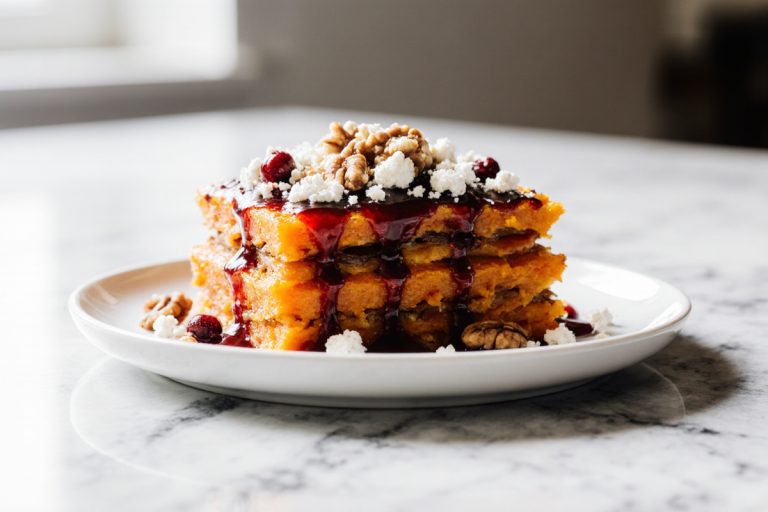 Layered Sweet Potato, Butternut Squash, Carrot Lasagna with Feta, Walnuts and Caranberry Honey Glaze