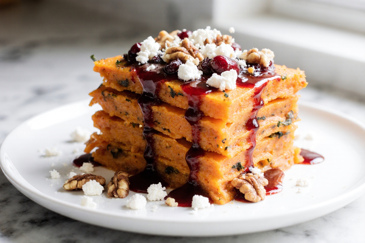 Layered Sweet Potato, Butternut Squash, Carrot Lasagna with Feta, Walnuts and Cranberry Honey Glaze