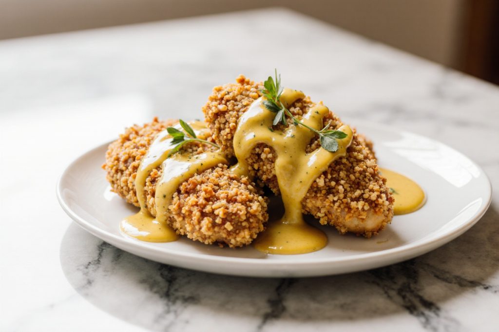 Pretzel Chicken with Mustard Cheddar Sauce