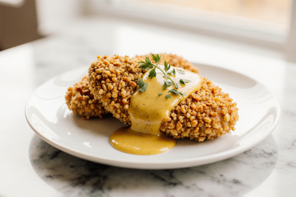 Pretzel Chicken with Mustard Cheddar Sauce