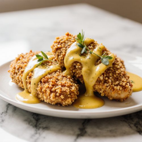 Pretzel Chicken with Mustard Cheddar Sauce