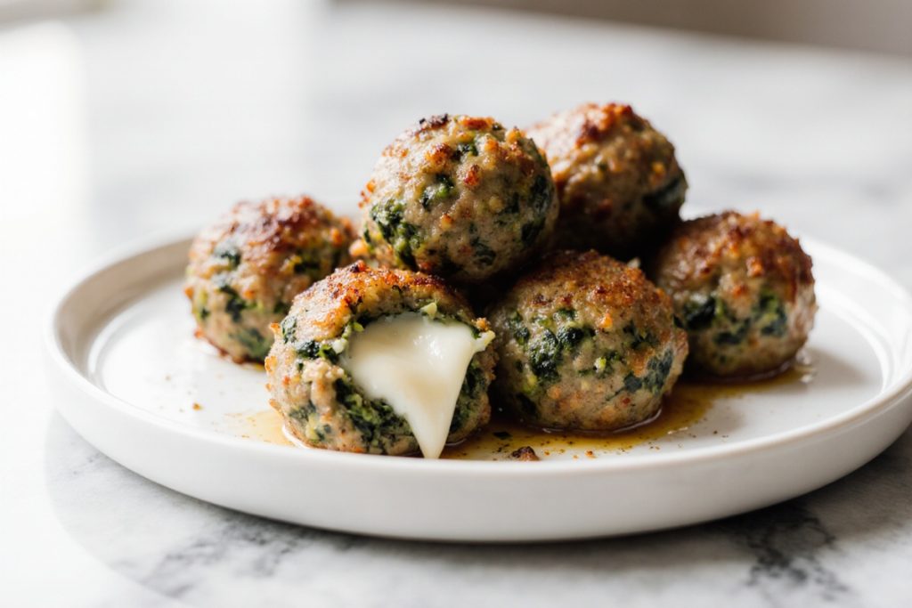 Spicach Garlic Meatballs Stuffed Mozzarella