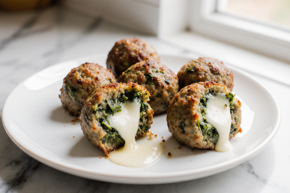 Spicach Garlic Meatballs Stuffed Mozzarella