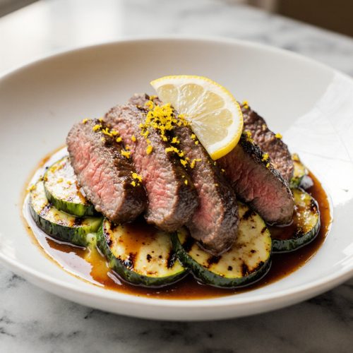 Grilled Steak Bowl with Sauce and Grilled Zucchini