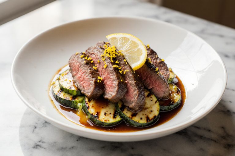 Grilled Steak Bowl with Sauce and Grilled Zucchini