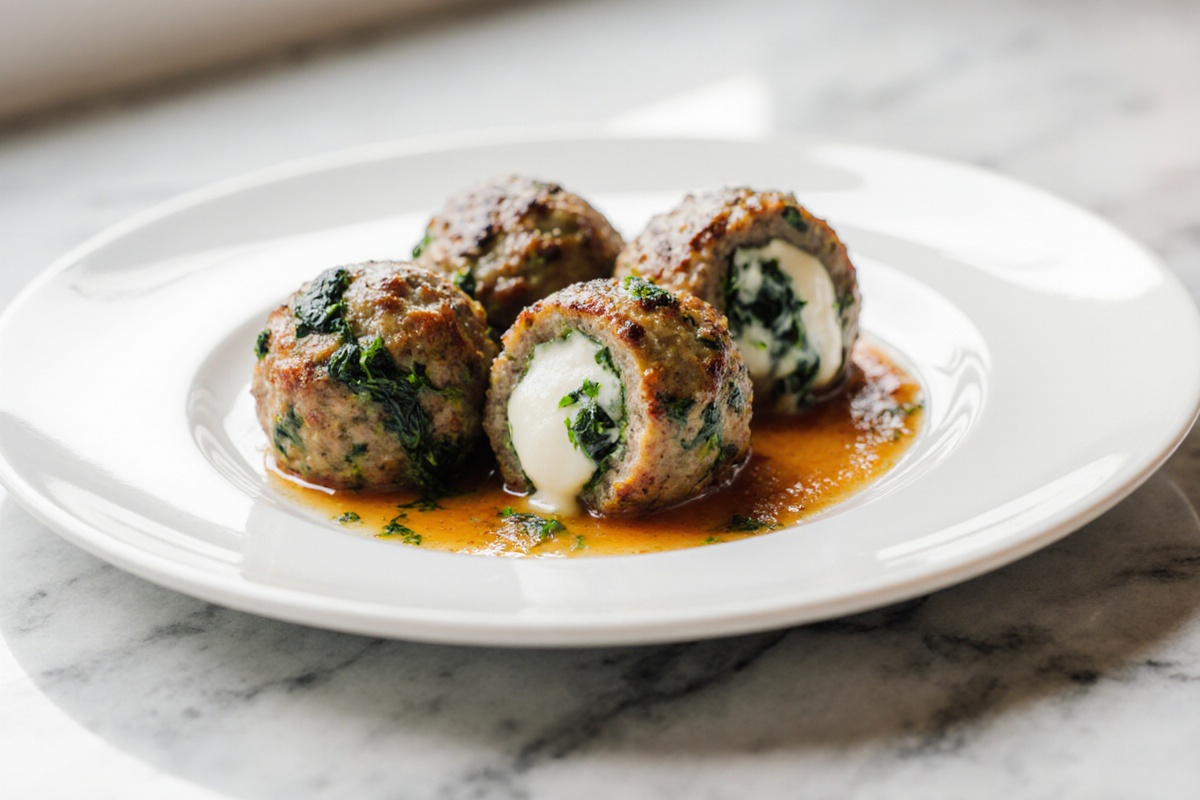 Spinach Garlic Meatballs with Mozzarella