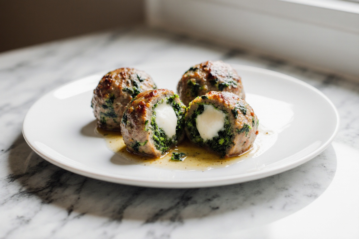 Spinach Garlic Meatballs with Mozzarella