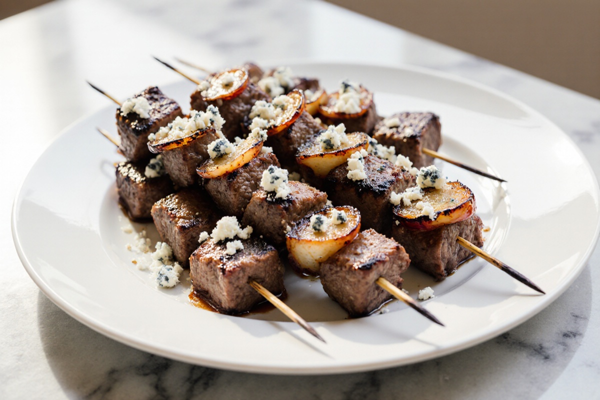 Grilled Steak Kabobs with Onions and Crumbled Blue Cheese