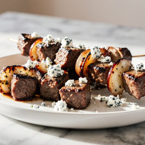 Grilled Steak Kabobs with Onions and Crumbled Blue Cheese