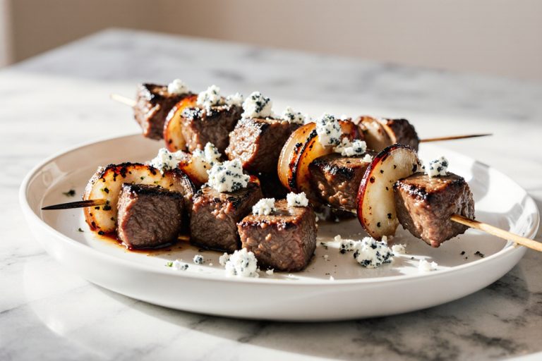 Grilled Steak Kabobs with Onions and Crumbled Blue Cheese