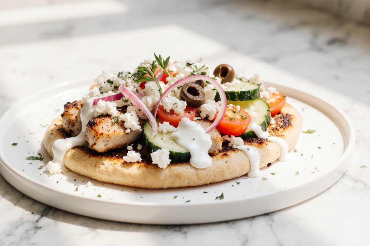 Zesty Greek Chicken Flatbread with Fresh Toppings