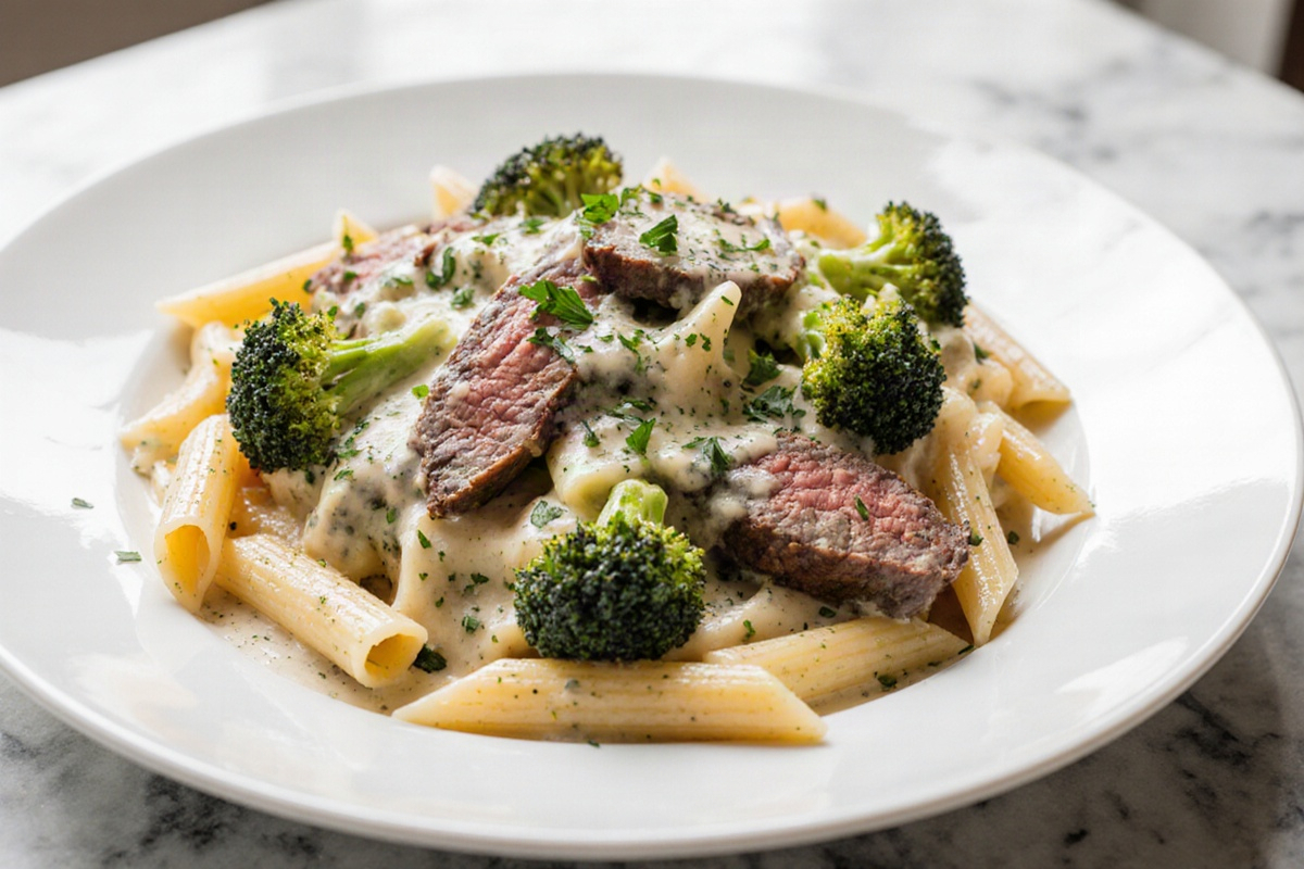 Prime Rib Pasta with Broccoli and Cheese