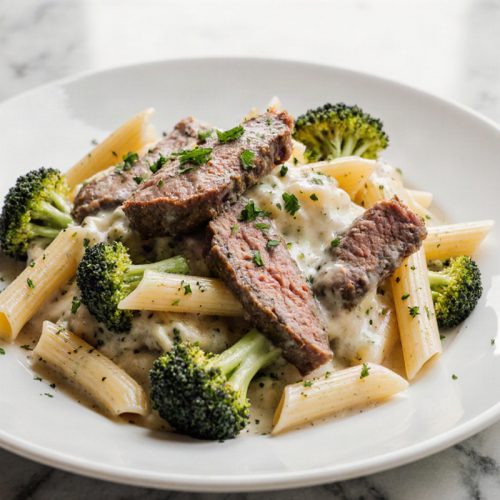 Prime Rib Pasta with Broccoli and Cheese