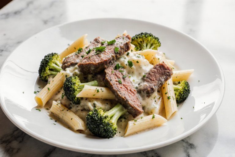 Prime Rib Pasta with Broccoli and Cheese